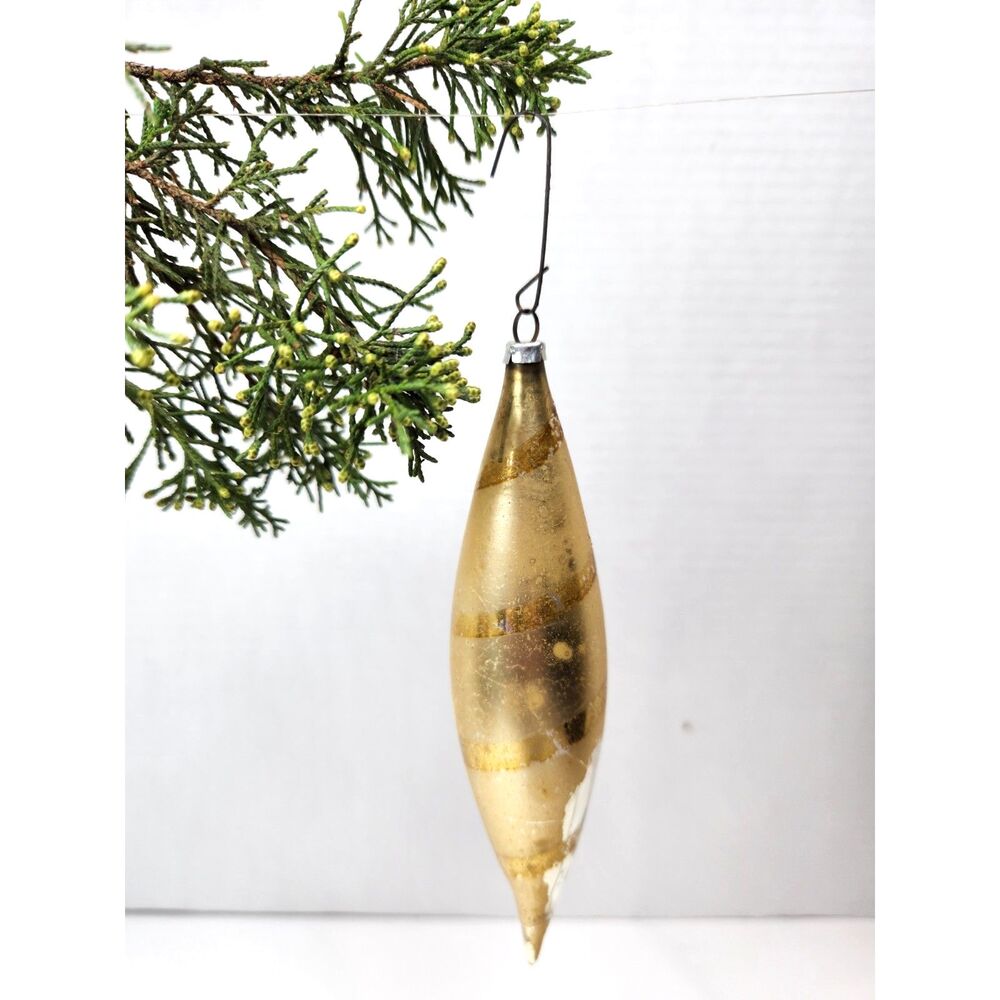 Vintage West Germany Hand Blown Christmas Ornament Gold Teardrop 6" Mercury